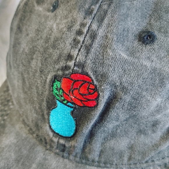 Distressed & Faded Ball Cap with Embroidered Rose Patch, Adjustable, Bla… - Picture 2 of 3